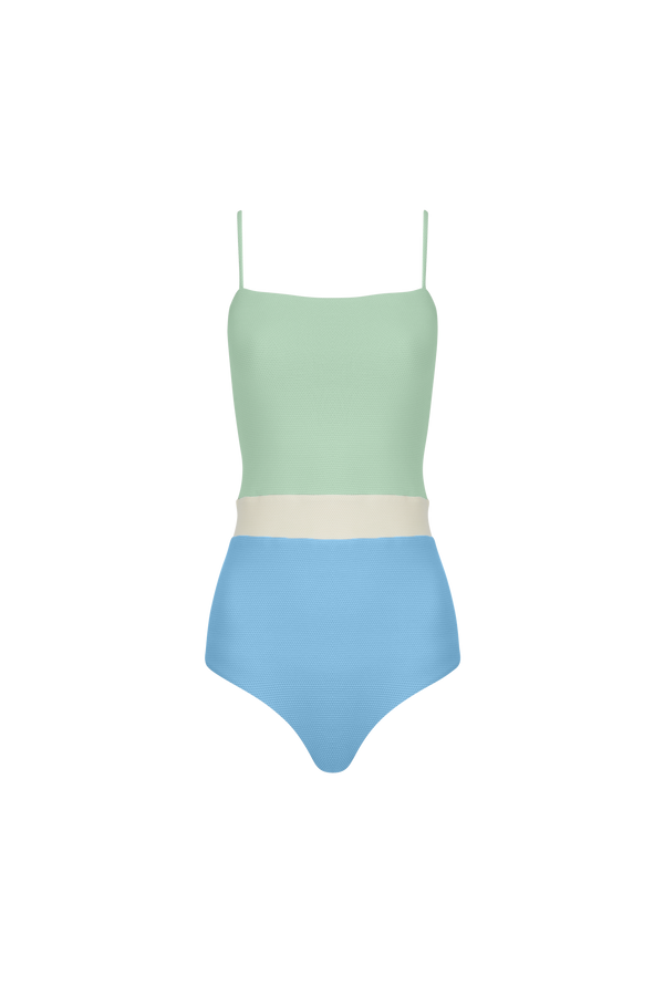 The Edie Swimsuit in Pistachio + Ecru + Summer Blue