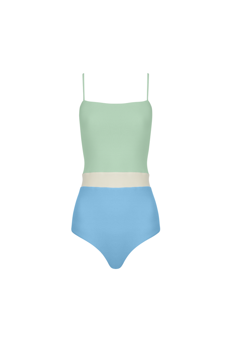 The Edie Swimsuit in Pistachio + Ecru + Summer Blue