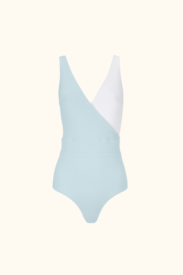 The Ashley Swimsuit in Sky Blue + Pure White